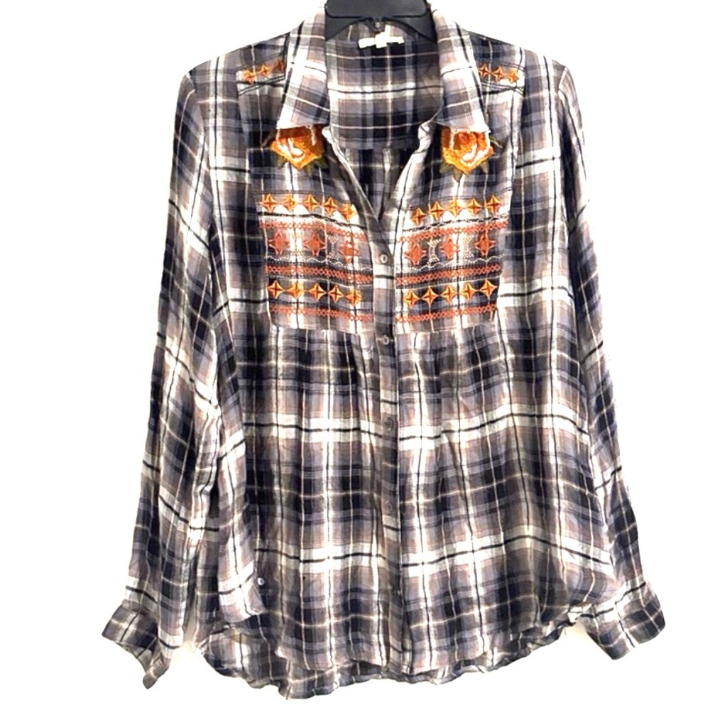 Mystree Boho Women’s Size M‎ Plaid Shirt with Embroidery Super Cute